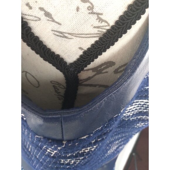 Milly NY USA Women's Dress Blue White Leather Trim Geometric Knit Sheath Size 4 - Picture 12 of 16